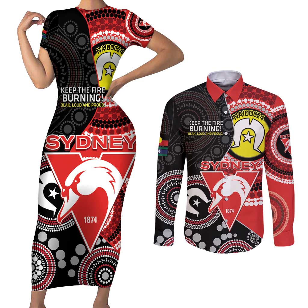 Custom AFL Swans NAIDOC Week Couples Matching Short Sleeve Bodycon Dress and Long Sleeve Button Shirt Keep The Fire Burning Indigenous Art