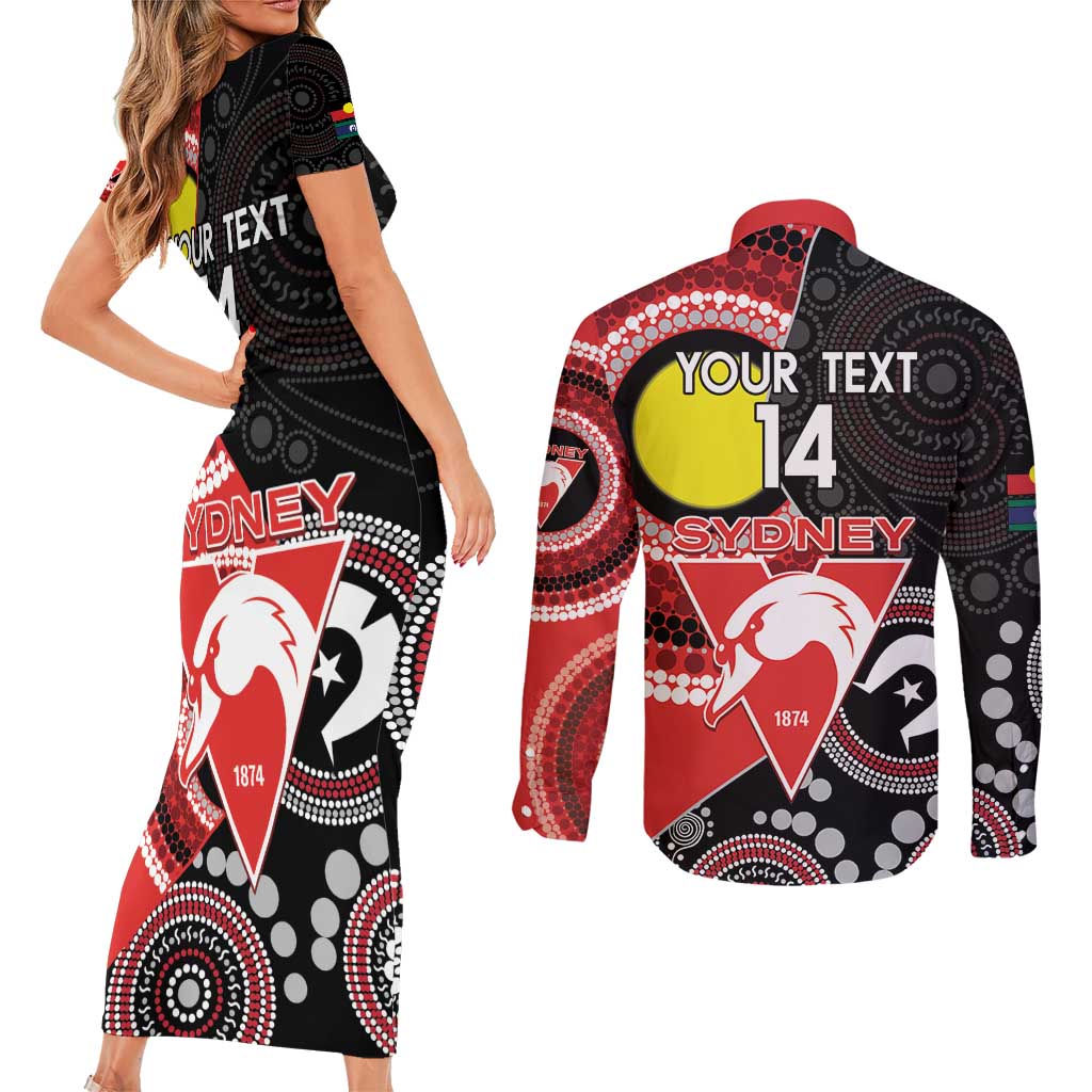 Custom AFL Swans NAIDOC Week Couples Matching Short Sleeve Bodycon Dress and Long Sleeve Button Shirt Keep The Fire Burning Indigenous Art