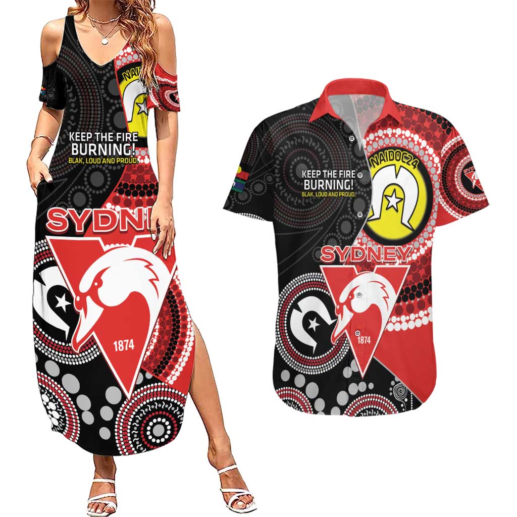 Custom AFL Swans NAIDOC Week Couples Matching Summer Maxi Dress and Hawaiian Shirt Keep The Fire Burning Indigenous Art