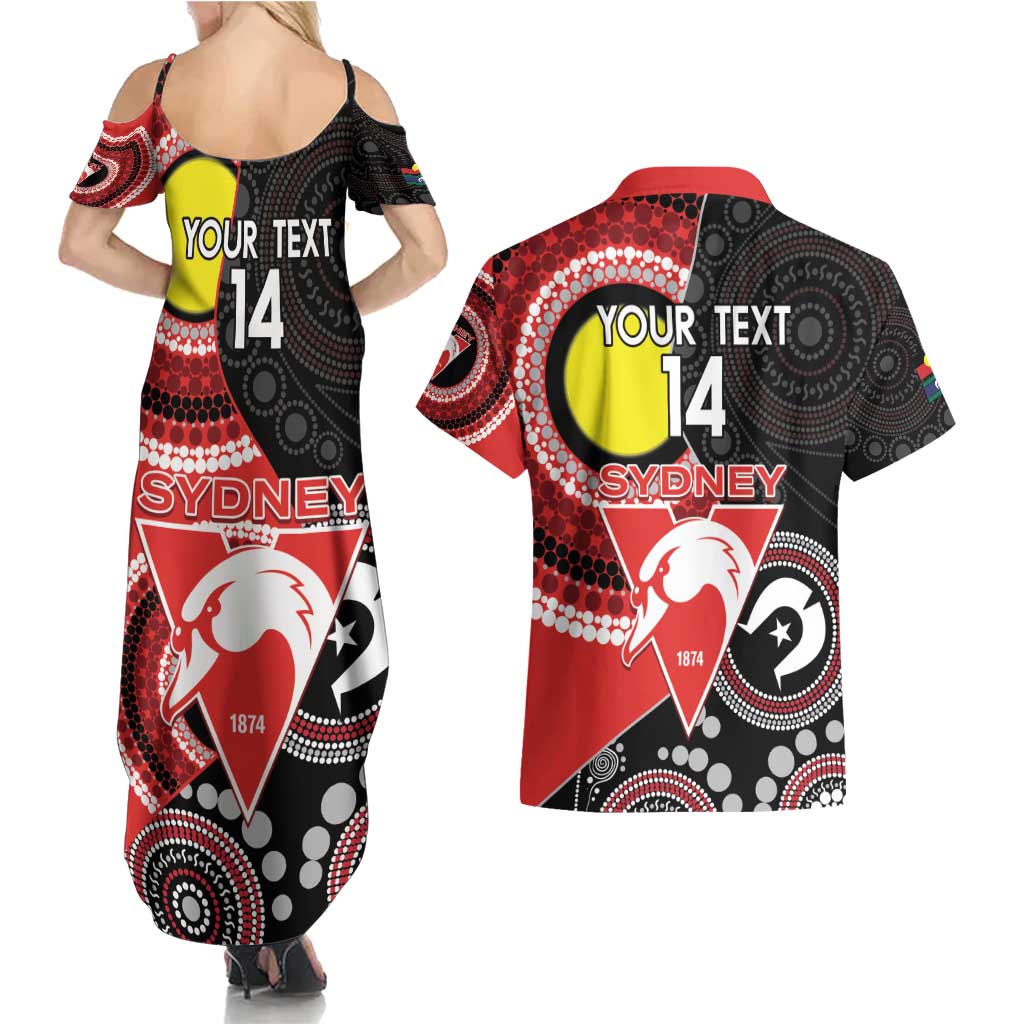 Custom AFL Swans NAIDOC Week Couples Matching Summer Maxi Dress and Hawaiian Shirt Keep The Fire Burning Indigenous Art