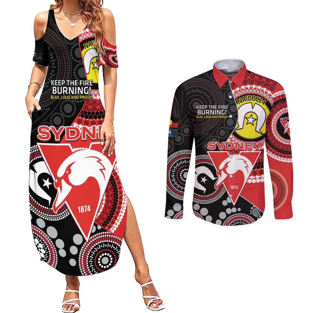 Custom AFL Swans NAIDOC Week Couples Matching Summer Maxi Dress and Long Sleeve Button Shirt Keep The Fire Burning Indigenous Art