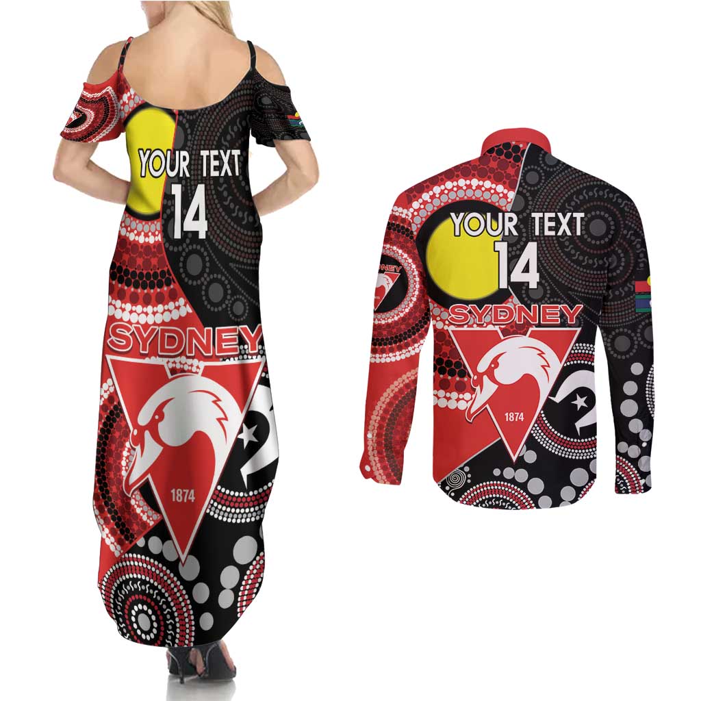 Custom AFL Swans NAIDOC Week Couples Matching Summer Maxi Dress and Long Sleeve Button Shirt Keep The Fire Burning Indigenous Art