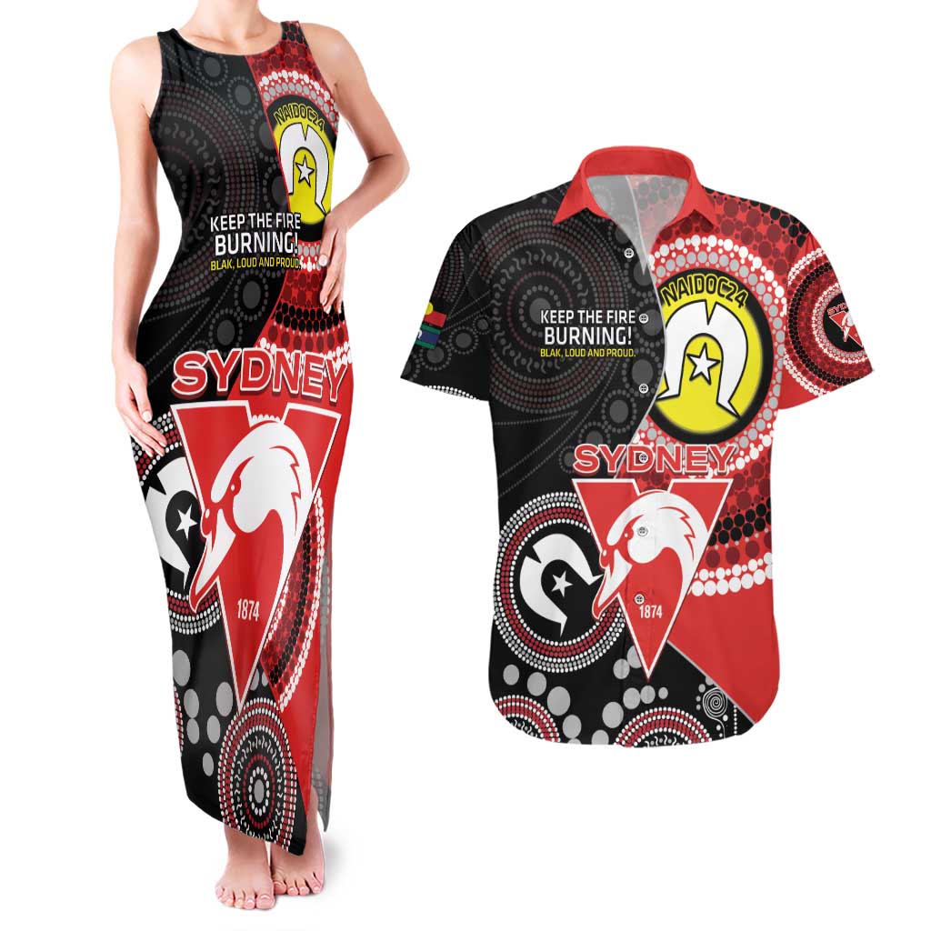 Custom AFL Swans NAIDOC Week Couples Matching Tank Maxi Dress and Hawaiian Shirt Keep The Fire Burning Indigenous Art