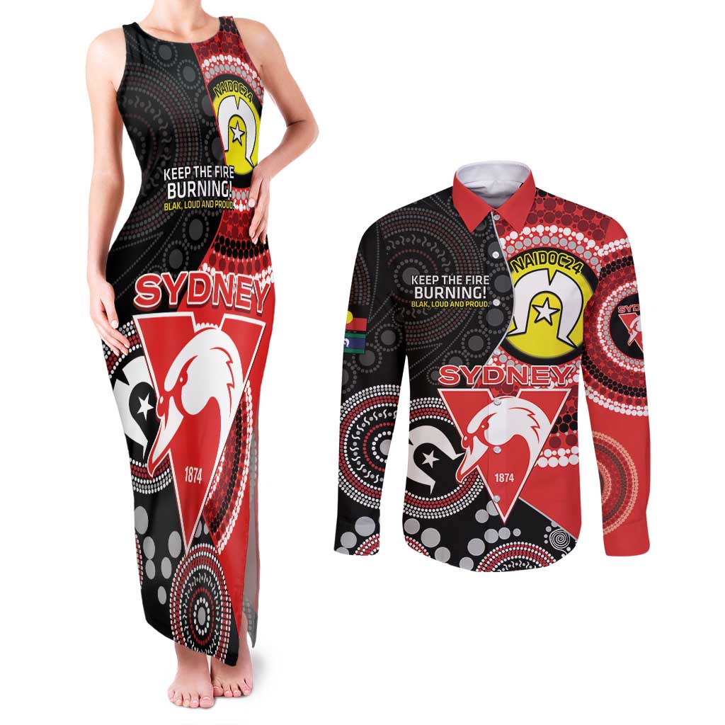 Custom AFL Swans NAIDOC Week Couples Matching Tank Maxi Dress and Long Sleeve Button Shirt Keep The Fire Burning Indigenous Art