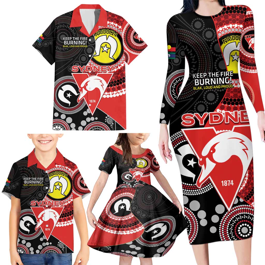 Custom AFL Swans NAIDOC Week Family Matching Long Sleeve Bodycon Dress and Hawaiian Shirt Keep The Fire Burning Indigenous Art