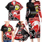Custom AFL Swans NAIDOC Week Family Matching Long Sleeve Bodycon Dress and Hawaiian Shirt Keep The Fire Burning Indigenous Art