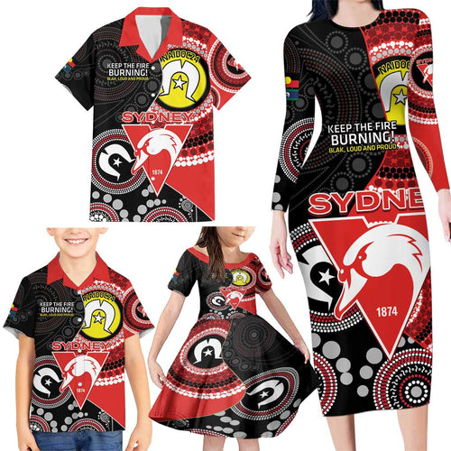 Custom AFL Swans NAIDOC Week Family Matching Long Sleeve Bodycon Dress and Hawaiian Shirt Keep The Fire Burning Indigenous Art