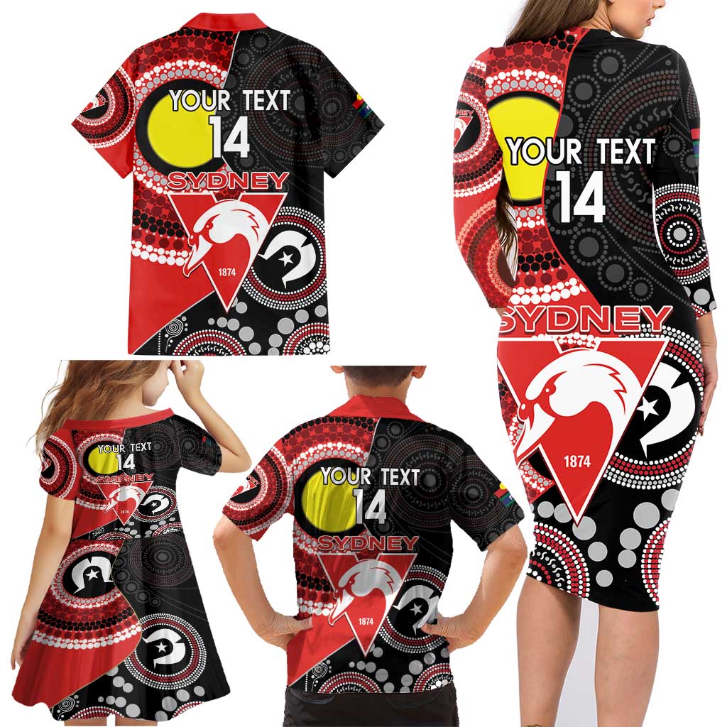 Custom AFL Swans NAIDOC Week Family Matching Long Sleeve Bodycon Dress and Hawaiian Shirt Keep The Fire Burning Indigenous Art