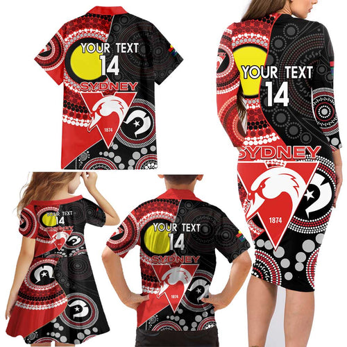 Custom AFL Swans NAIDOC Week Family Matching Long Sleeve Bodycon Dress and Hawaiian Shirt Keep The Fire Burning Indigenous Art