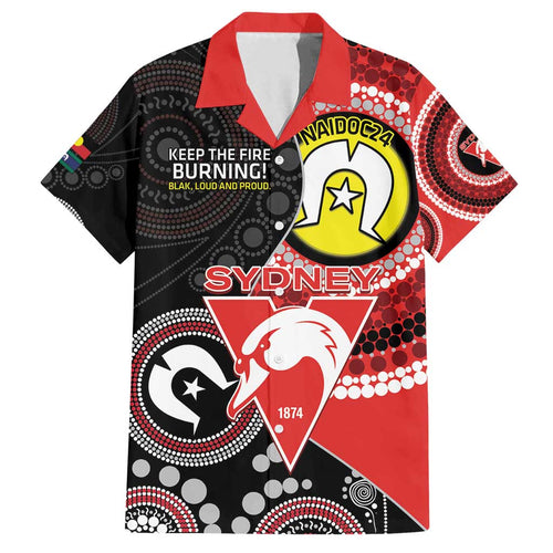 Custom AFL Swans NAIDOC Week Family Matching Long Sleeve Bodycon Dress and Hawaiian Shirt Keep The Fire Burning Indigenous Art