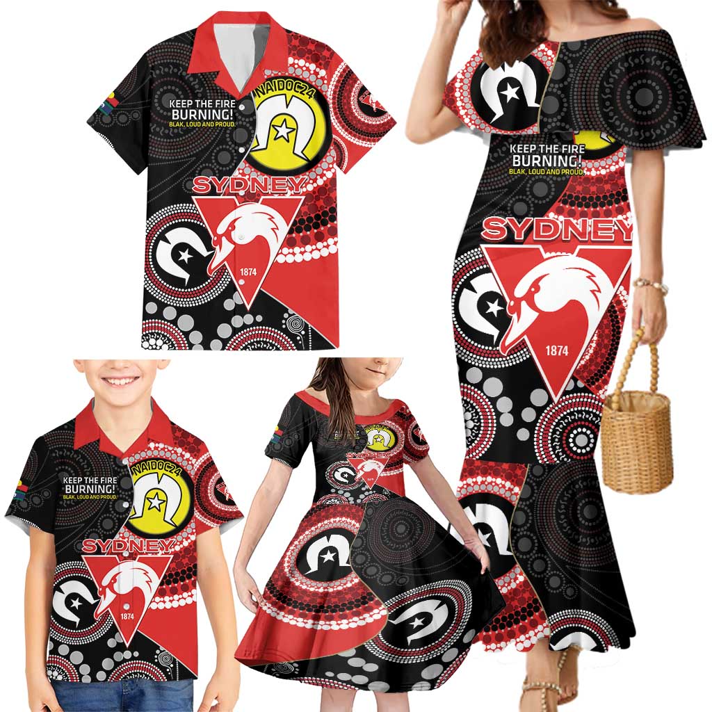 Custom AFL Swans NAIDOC Week Family Matching Mermaid Dress and Hawaiian Shirt Keep The Fire Burning Indigenous Art