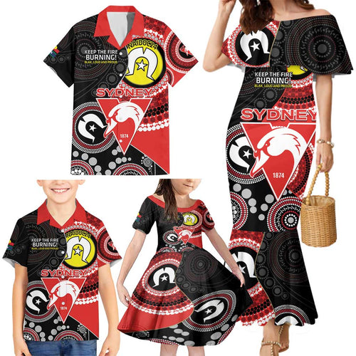 Custom AFL Swans NAIDOC Week Family Matching Mermaid Dress and Hawaiian Shirt Keep The Fire Burning Indigenous Art