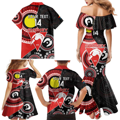 Custom AFL Swans NAIDOC Week Family Matching Mermaid Dress and Hawaiian Shirt Keep The Fire Burning Indigenous Art