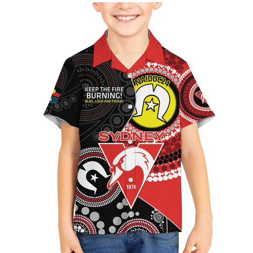 Custom AFL Swans NAIDOC Week Family Matching Mermaid Dress and Hawaiian Shirt Keep The Fire Burning Indigenous Art