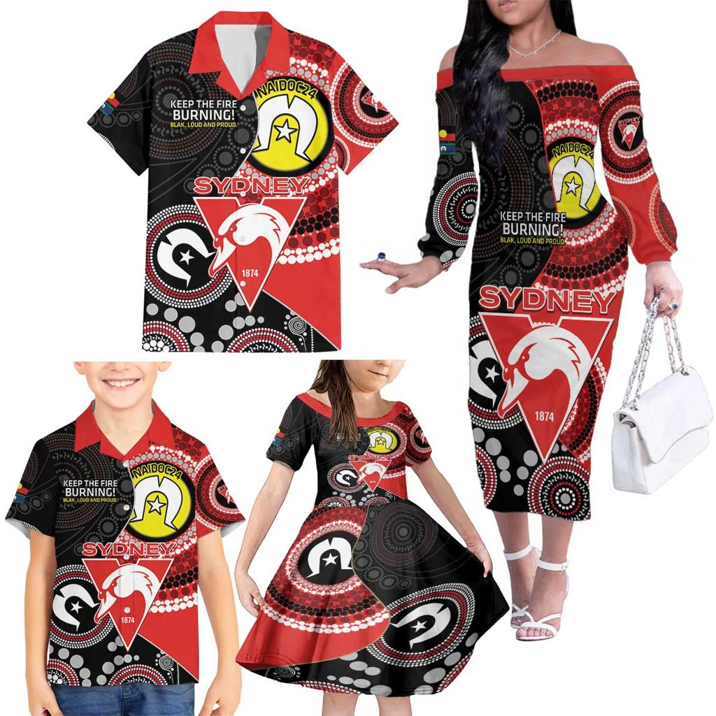 Custom AFL Swans NAIDOC Week Family Matching Off The Shoulder Long Sleeve Dress and Hawaiian Shirt Keep The Fire Burning Indigenous Art