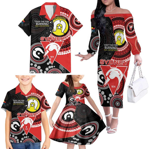 Custom AFL Swans NAIDOC Week Family Matching Off The Shoulder Long Sleeve Dress and Hawaiian Shirt Keep The Fire Burning Indigenous Art