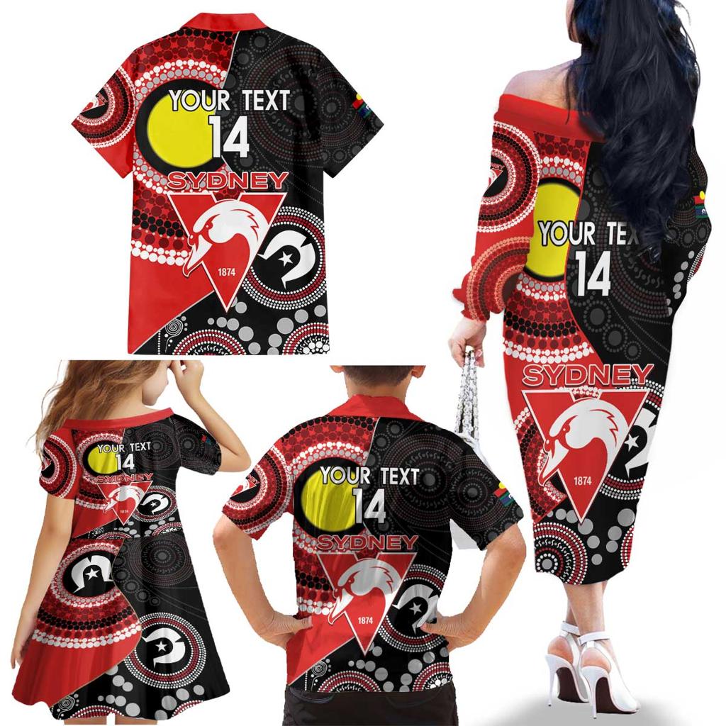 Custom AFL Swans NAIDOC Week Family Matching Off The Shoulder Long Sleeve Dress and Hawaiian Shirt Keep The Fire Burning Indigenous Art