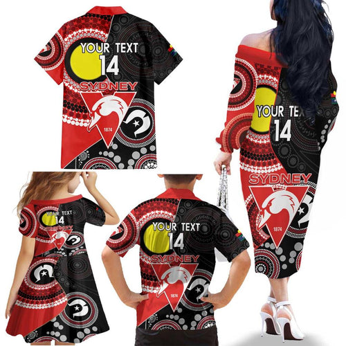 Custom AFL Swans NAIDOC Week Family Matching Off The Shoulder Long Sleeve Dress and Hawaiian Shirt Keep The Fire Burning Indigenous Art