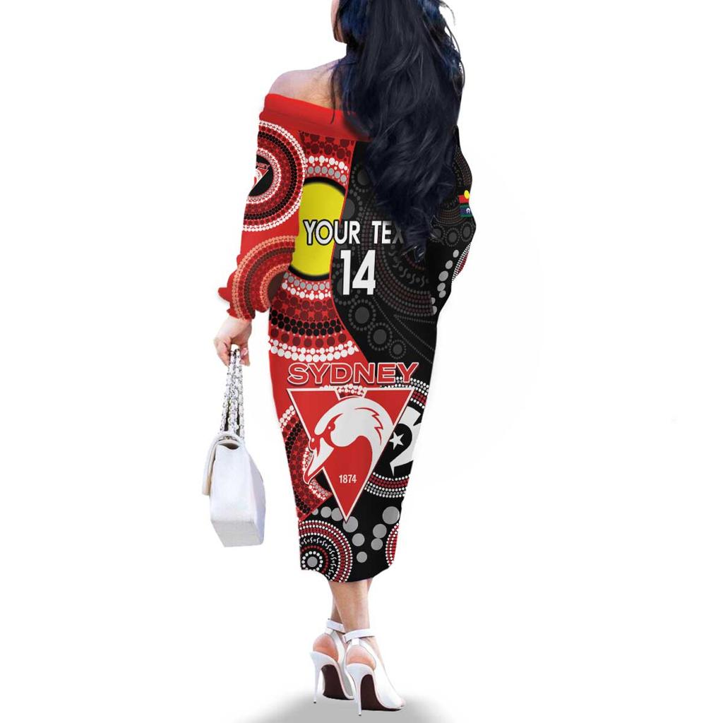 Custom AFL Swans NAIDOC Week Family Matching Off The Shoulder Long Sleeve Dress and Hawaiian Shirt Keep The Fire Burning Indigenous Art