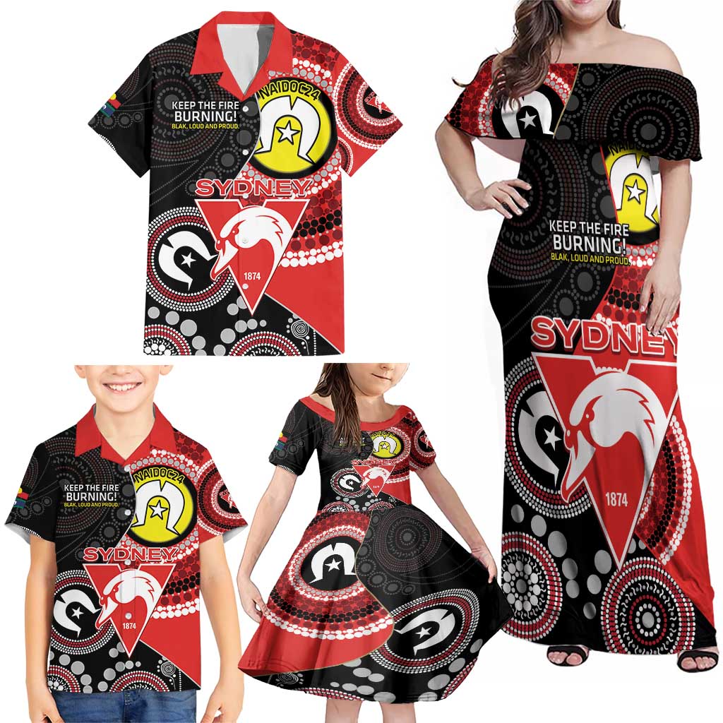 Custom AFL Swans NAIDOC Week Family Matching Off Shoulder Maxi Dress and Hawaiian Shirt Keep The Fire Burning Indigenous Art