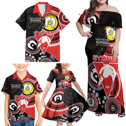 Custom AFL Swans NAIDOC Week Family Matching Off Shoulder Maxi Dress and Hawaiian Shirt Keep The Fire Burning Indigenous Art