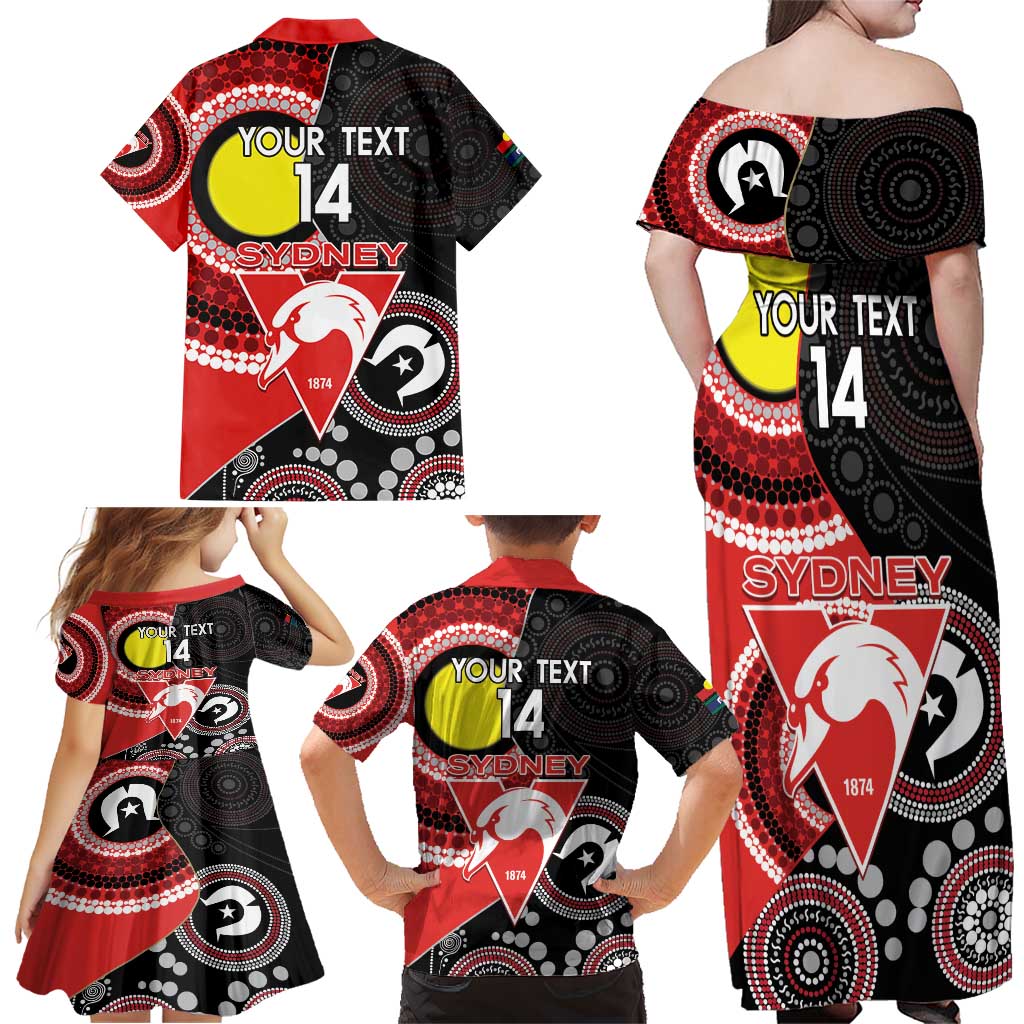 Custom AFL Swans NAIDOC Week Family Matching Off Shoulder Maxi Dress and Hawaiian Shirt Keep The Fire Burning Indigenous Art