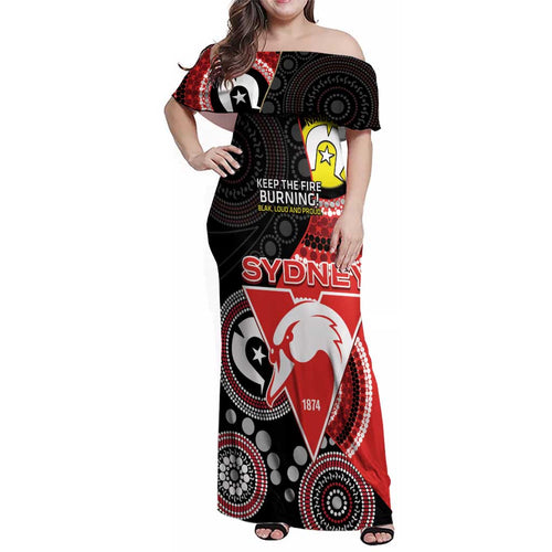 Custom AFL Swans NAIDOC Week Family Matching Off Shoulder Maxi Dress and Hawaiian Shirt Keep The Fire Burning Indigenous Art