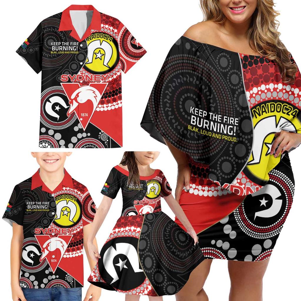 Custom AFL Swans NAIDOC Week Family Matching Off Shoulder Short Dress and Hawaiian Shirt Keep The Fire Burning Indigenous Art