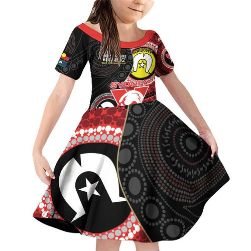 Custom AFL Swans NAIDOC Week Family Matching Off Shoulder Short Dress and Hawaiian Shirt Keep The Fire Burning Indigenous Art