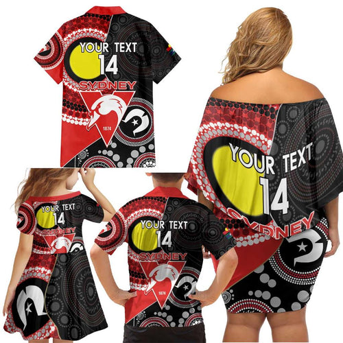 Custom AFL Swans NAIDOC Week Family Matching Off Shoulder Short Dress and Hawaiian Shirt Keep The Fire Burning Indigenous Art