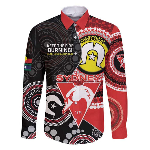 Custom AFL Swans NAIDOC Week Family Matching Off Shoulder Short Dress and Hawaiian Shirt Keep The Fire Burning Indigenous Art