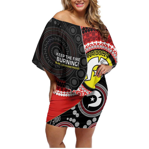 Custom AFL Swans NAIDOC Week Family Matching Off Shoulder Short Dress and Hawaiian Shirt Keep The Fire Burning Indigenous Art