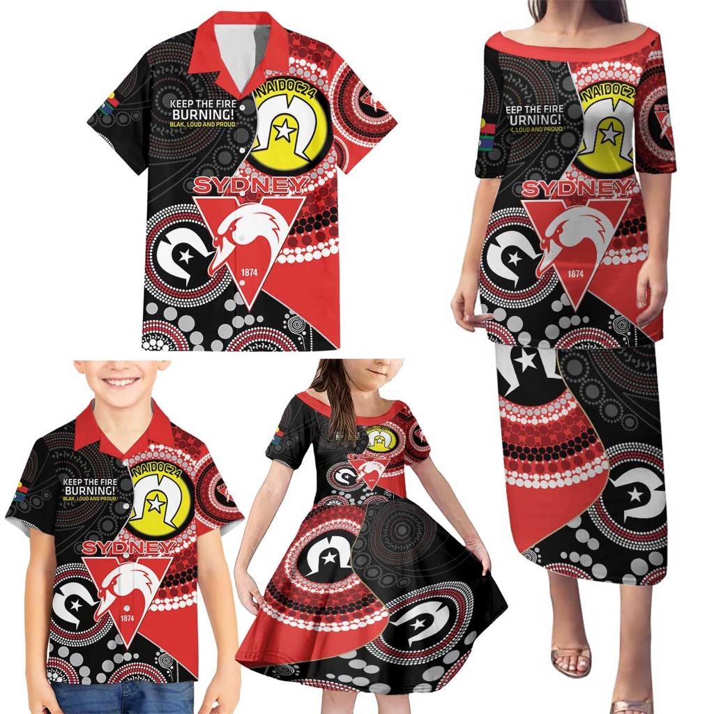Custom AFL Swans NAIDOC Week Family Matching Puletasi and Hawaiian Shirt Keep The Fire Burning Indigenous Art