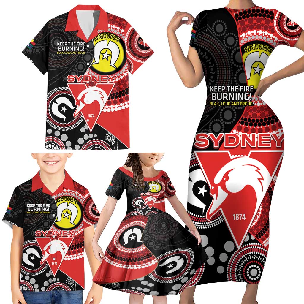 Custom AFL Swans NAIDOC Week Family Matching Short Sleeve Bodycon Dress and Hawaiian Shirt Keep The Fire Burning Indigenous Art