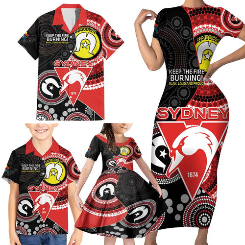 Custom AFL Swans NAIDOC Week Family Matching Short Sleeve Bodycon Dress and Hawaiian Shirt Keep The Fire Burning Indigenous Art