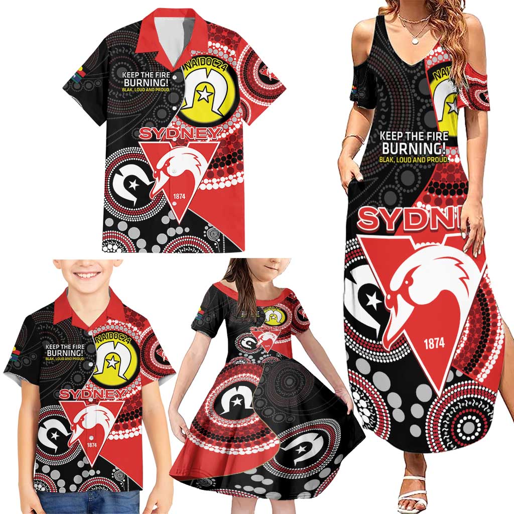 Custom AFL Swans NAIDOC Week Family Matching Summer Maxi Dress and Hawaiian Shirt Keep The Fire Burning Indigenous Art