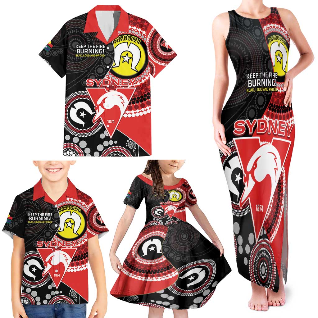 Custom AFL Swans NAIDOC Week Family Matching Tank Maxi Dress and Hawaiian Shirt Keep The Fire Burning Indigenous Art