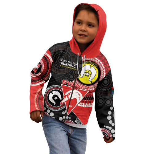 Custom AFL Swans NAIDOC Week Kid Hoodie Keep The Fire Burning Indigenous Art