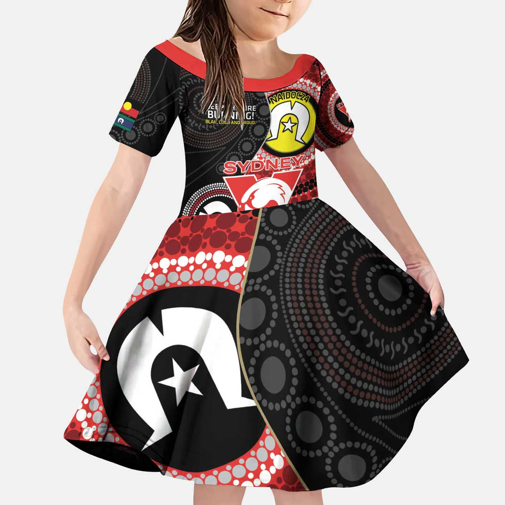Custom AFL Swans NAIDOC Week Kid Short Sleeve Dress Keep The Fire Burning Indigenous Art