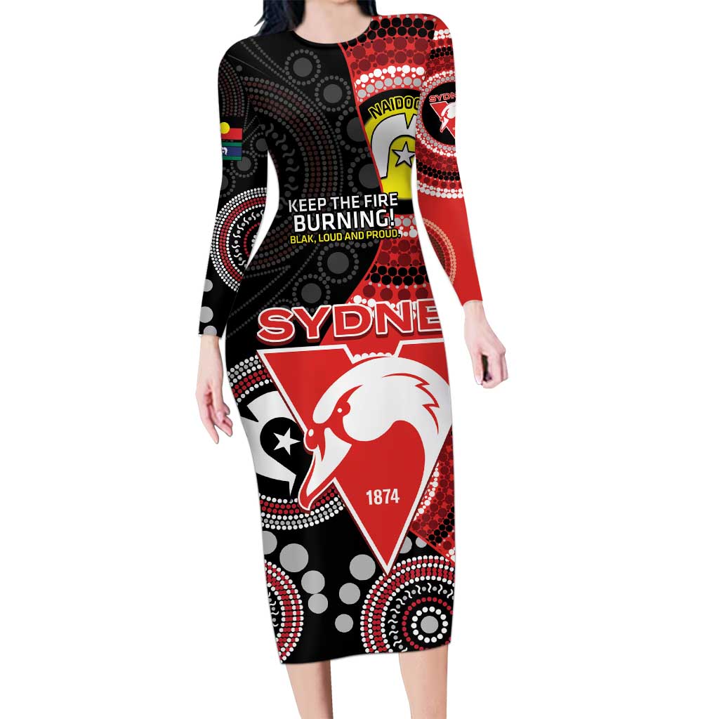 Custom AFL Swans NAIDOC Week Long Sleeve Bodycon Dress Keep The Fire Burning Indigenous Art