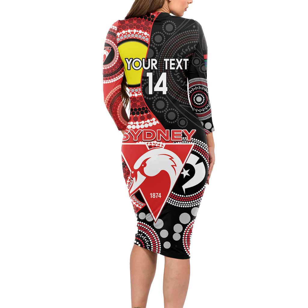 Custom AFL Swans NAIDOC Week Long Sleeve Bodycon Dress Keep The Fire Burning Indigenous Art