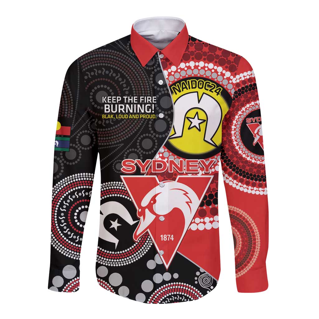 Custom AFL Swans NAIDOC Week Long Sleeve Button Shirt Keep The Fire Burning Indigenous Art