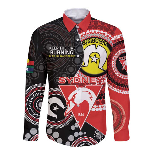 Custom AFL Swans NAIDOC Week Long Sleeve Button Shirt Keep The Fire Burning Indigenous Art