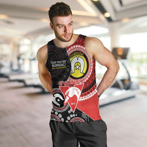 Custom AFL Swans NAIDOC Week Men Tank Top Keep The Fire Burning Indigenous Art