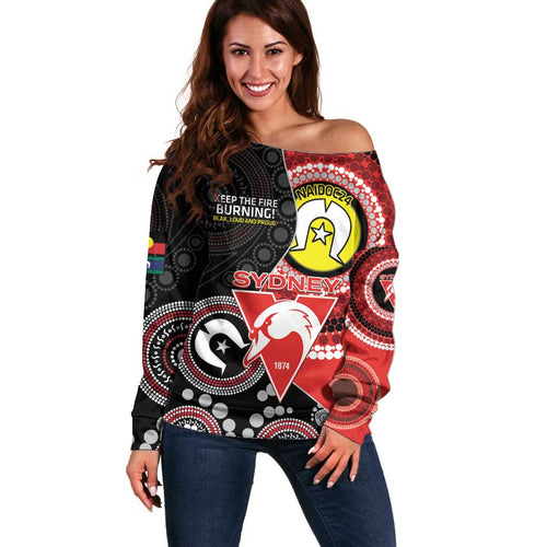 Custom AFL Swans NAIDOC Week Off Shoulder Sweater Keep The Fire Burning Indigenous Art