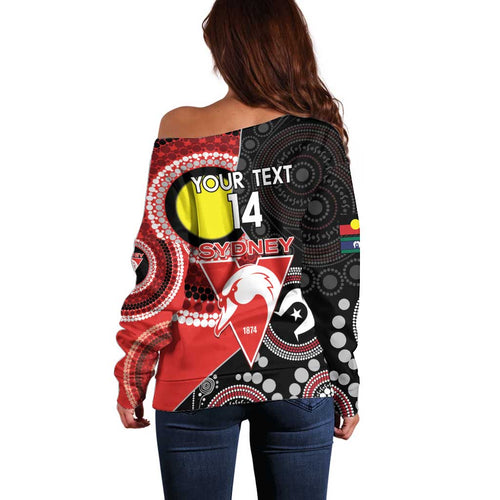 Custom AFL Swans NAIDOC Week Off Shoulder Sweater Keep The Fire Burning Indigenous Art