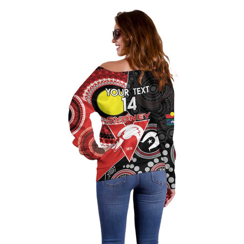 Custom AFL Swans NAIDOC Week Off Shoulder Sweater Keep The Fire Burning Indigenous Art