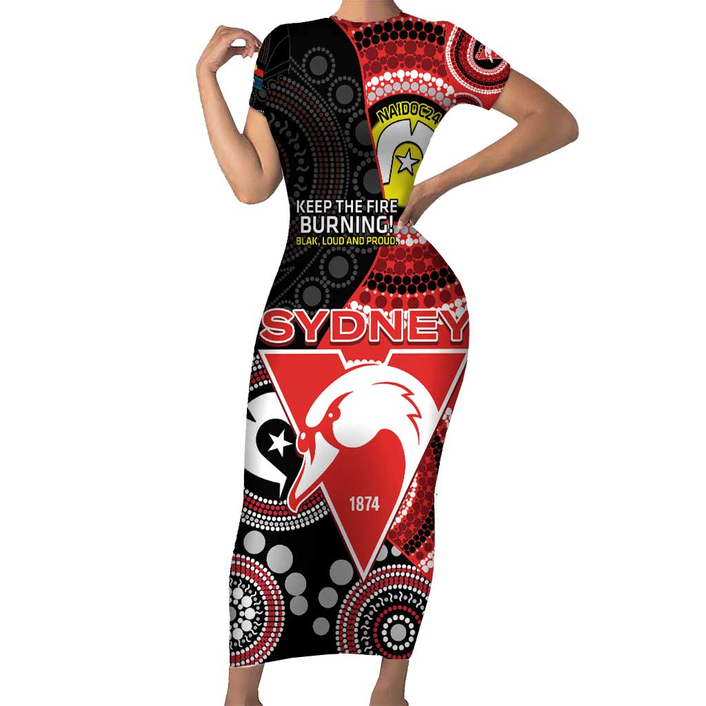 Custom AFL Swans NAIDOC Week Short Sleeve Bodycon Dress Keep The Fire Burning Indigenous Art