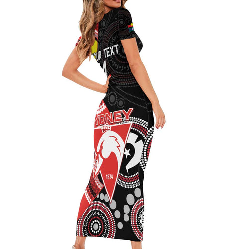 Custom AFL Swans NAIDOC Week Short Sleeve Bodycon Dress Keep The Fire Burning Indigenous Art