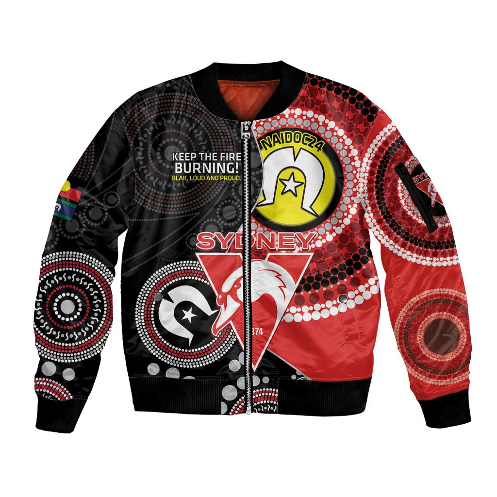 Custom AFL Swans NAIDOC Week Sleeve Zip Bomber Jacket Keep The Fire Burning Indigenous Art